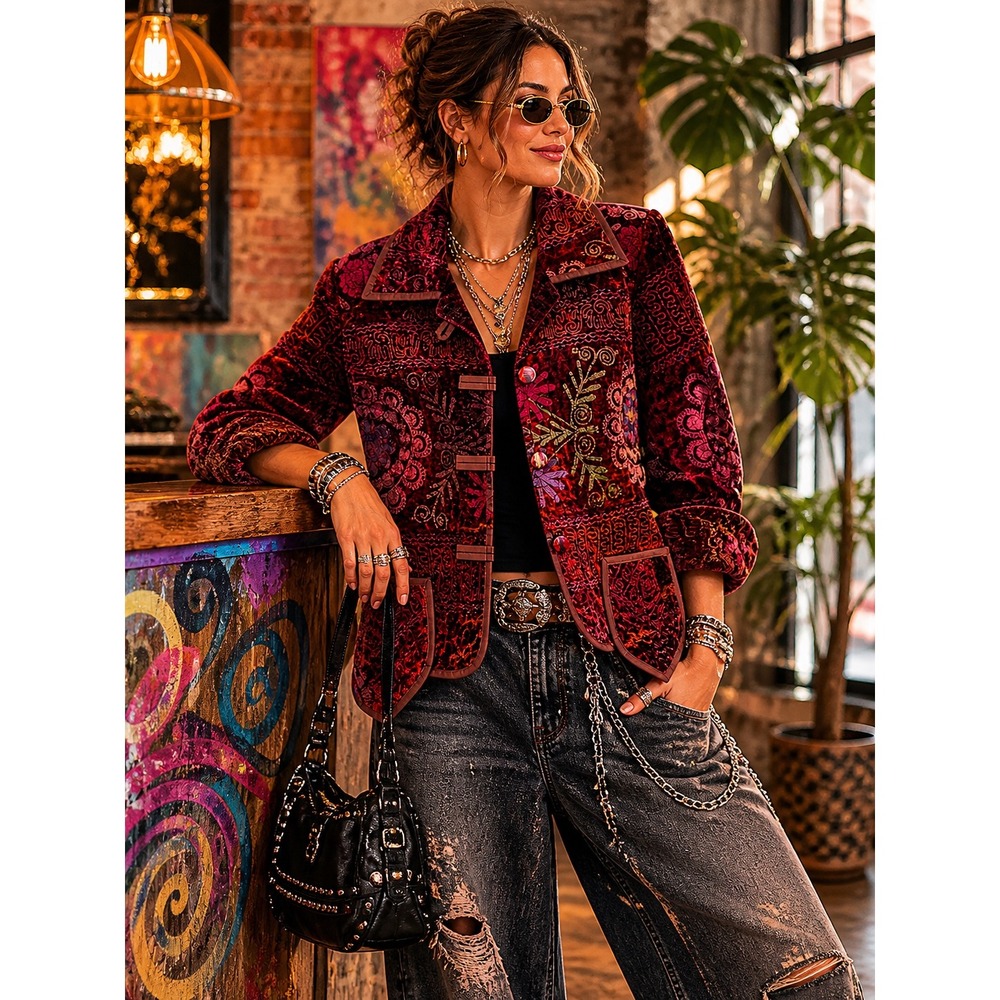 Desira Samorani Boho Embroidered Velvet Jacket Paisley Lined Size M Whimsigoth